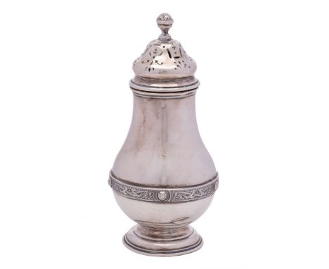 A George V silver sugar caster, maker Manoah Rhodes &amp; Sons Ltd, London, 1930: of baluster form with Celtic knot decorated