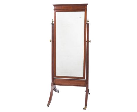 An Edwardian mahogany and chequer inlaid swing frame cheval mirror:, the rectangular inset bevelled plate with a moulded corn