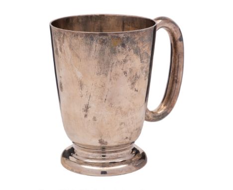 A George V silver mug, maker Harrison Brothers and Howson, Sheffield, 1935: of cylindrical tapering form, with C-shaped handl