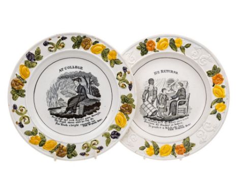 Two large James and Ralph Clews pearlware plates: 'He Returns' and 'At College', printed in black within relief moulded borde