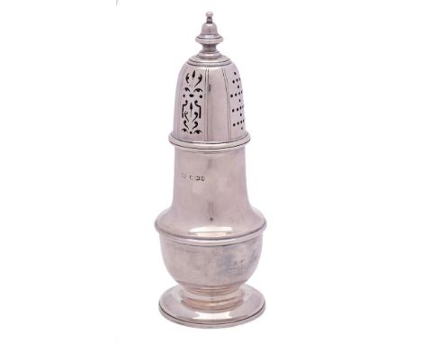 A George V silver sugar caster, maker Atkin Brothers, Sheffield, 1938: of urn shaped outline, the pierced screw top lid with 