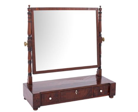 A Regency mahogany and inlaid swing frame platform toilet mirror:, bordered with ebony lines, having a rectangular plate and 