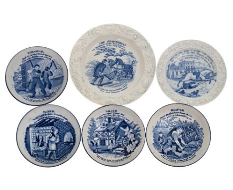 A group of four blue and white pearlware nursery plates and a set of four similar saucers: printed in blue within relief moul