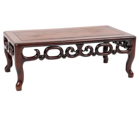 A Chinese Hua-Li wood rectangular urn table:, with a pierced scroll apron, on cabriole legs, the top 76cm (2ft 6in) x 41cm (1