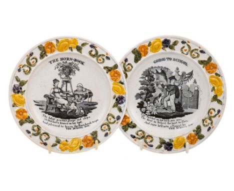 A pair of James and Ralph Clews pearlware plates: 'The Horn-Book' and 'Going To School' printed in black within relief moulde