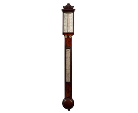 J. Casertelli, Manchester, a mahogany stick barometer: the bone dials set aslant and signed J. Casertelli, 18 Market Str. Man