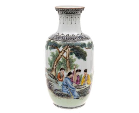 A Chinese famille rose vase: of oviform with raised neck decorated  with two scholars playing a board game attended by two fe