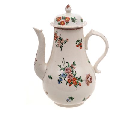A rare Plymouth coffee pot and cover: of baluster form with scroll handle, the domed cover with pointed finial, painted overa