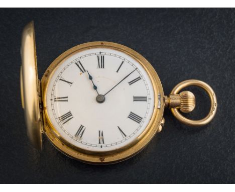 A lady's 18ct gold fob watch: the white enamel dial with Roman numerals, the case with opalescent guilloche enamel chapter ri