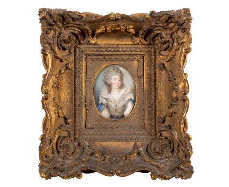 English School mid 17th Century-A miniature portrait of a fashionable lady said to be Mrs Russell,:-bust-length, with long po