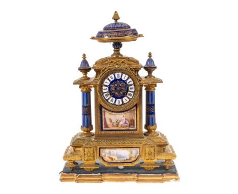 A French gilt-metal and porcelain mantel clock: the eight-day duration movement striking the hours and half-hours on a bell, 