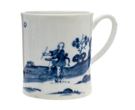 A First Period Worcester coffee can: of waisted cylindrical form with grooved strap handle, painted in the 'Tambourine' patte