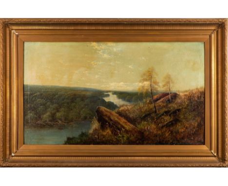 Manner of Edmund E. Niemann, 19/20th Century-The Wharfe Valley, Yorkshire, charcoal burners in the distance,:-indistinctly si