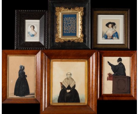 English School Circa 1880 - Portrait of a lady, three-quarter length seated,:- watercolour, 27 x 22cm, in a satinwood cushion