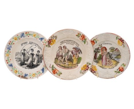 A group of six nursery plates: all with moulded borders, including three printed and enamelled with 'Robinson Crusoe', two wi