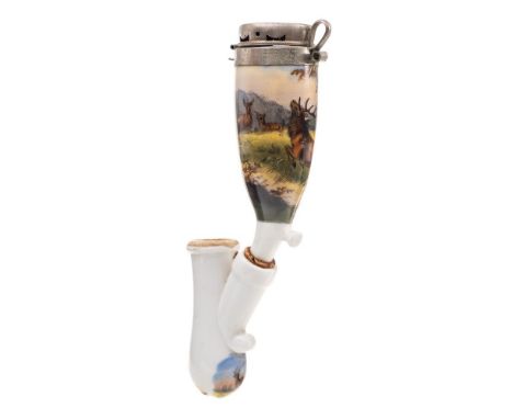 A  late 19th Century German porcelain pipe: the bowl with transfer print decoration of a deer hunt, with metal cover and long