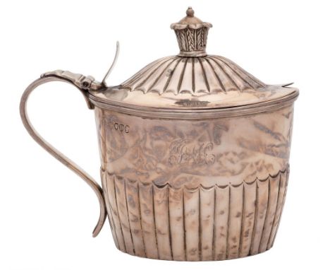 A Victorian silver mustard pot and cover, maker Joseph, Albert, Horace and Ethelbert Savory, London, 1879: initialled, of ova