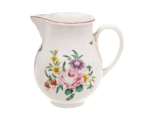 A Champion Bristol porcelain sparrow beak cream jug: enamelled with a rose centred bouquet and scattered blooms below a brown