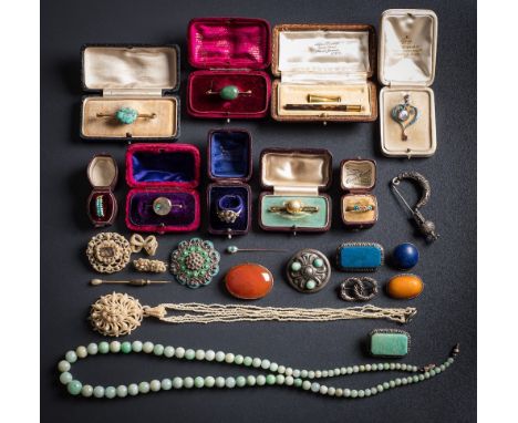 A collection of antique jewellery items: to include an enamelled gold, ruby and moonstone pendant with ultramarine enamel and