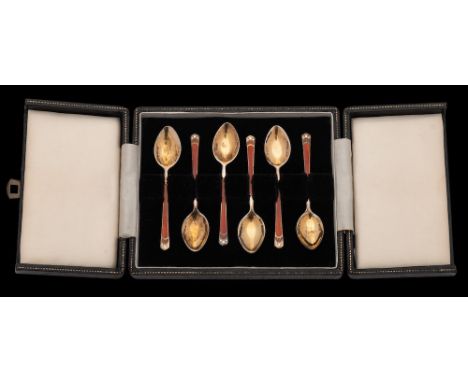 A set of six Elizabeth II silver gilt and enamel coffee spoons, maker Turner &amp; Simpson, Birmingham, 1962: contained in a 