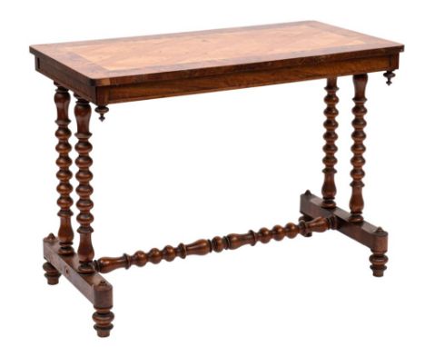 A Victorian mahogany and inlaid stretcher table:, the rectangular top with a lozenge lattice design in burr maple and satin b