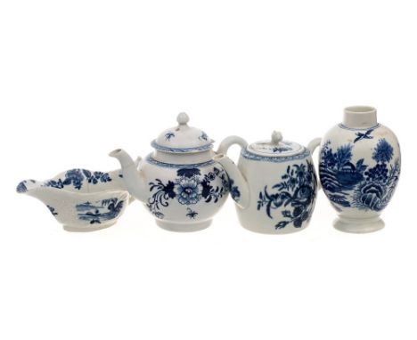 A mixed lot of 18th century English blue and white porcelain: including a rare First Period Worcester low-footed sauceboat pa