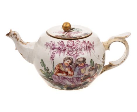 A Continental porcelain teapot and cover: the circular lobed body with bird's head spout and scroll handle with thumb rest, p