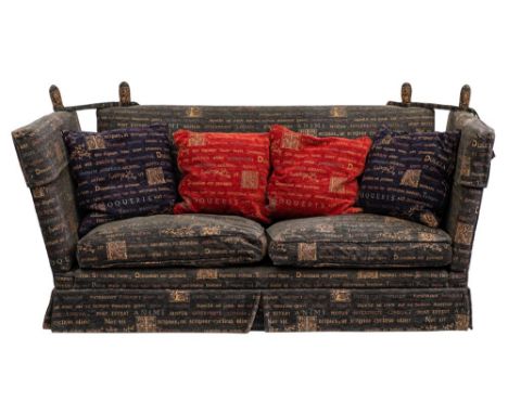 A Contemporary Knole settee:, fully upholstered in green fabric with a tapestry of Latin poetry inscription from Ars Poetica,