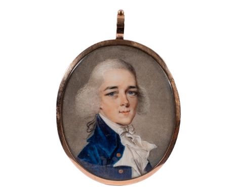 Circle of Richard Crosse [1742-1810]-A miniature portrait of a young man,:- head and shoulders, with powdered wig and blue ey