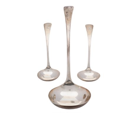 A Victorian silver Old English soup ladle, maker John Round & Sons Ltd, Sheffield, 1897: crested, together with a pair of mat