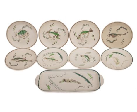 A Poole Pottery fish and sandwich set: modelled after a design by Truda Carter and comprising a rectangular serving tray and 