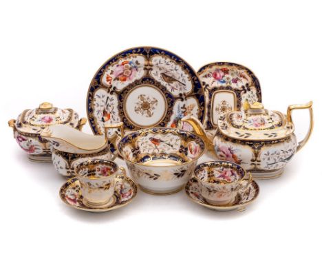 A complete Coalport tea and coffee service:  of London shape, painted with birds and floral bouquets reserved on a gilded cob