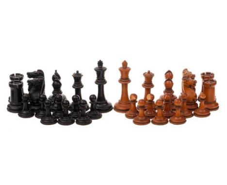 A boxwood and ebonised Staunton pattern competition chess set: with weighted bases, the king, 9.5cm. high, the pawn 4.2cm hig