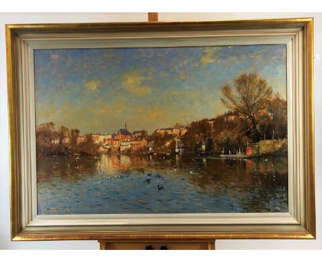 James Longueville PS PBSA (British Northern School, 20th-21st Century), Winter Light, Towards St. Pauls, Chester, oil on boar