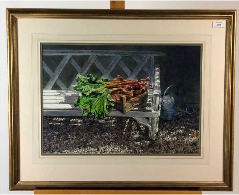 Neil Faulkner (British Contemporary) Rhubarb on a Bench, watercolour, signed, framed, measurements 36 x 52 cm. Plus another g