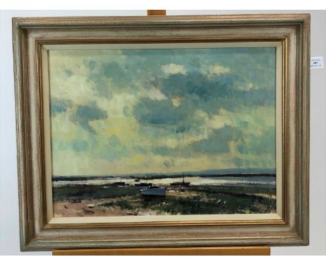 James Longueville PS RBSA (British Northern School), Light on the Estuary, Heswall, oil on board, signed bottom right, framed