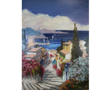 Vincent (French Contemporary), L'Escalier du Port, Riviera, oil on canvas, signed bottom right, dated '93, framed, measuremen