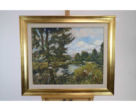 Christopher Glanville RWA (British Contemporary) Riverbank landscape, oil on canvas, signed bottom right, framed, measurement