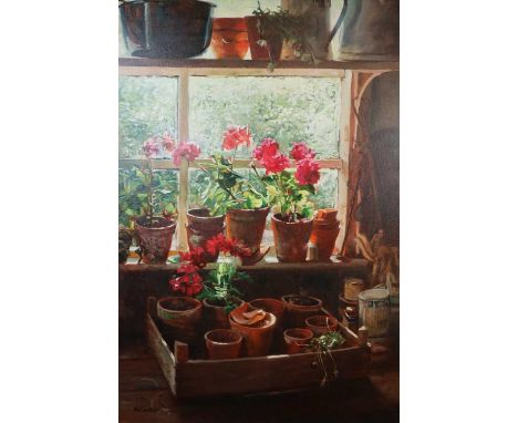 Neil Faulkner RSMA (British 20th-21st Century), Geraniums in Afternoon Light, oil on canvas, signed bottom left, framed, meas
