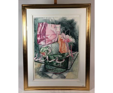 British School (20th Century), Handbags on a Table, watercolour, framed, measurements 107 x 74 cm PLEASE NOTE VAT AT 20% IS P