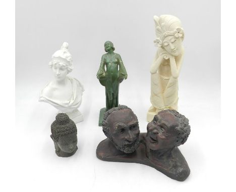 A painted cast iron Art Deco figure along with a plaster bust, a ceramic figure signed Michael Stewart etc.