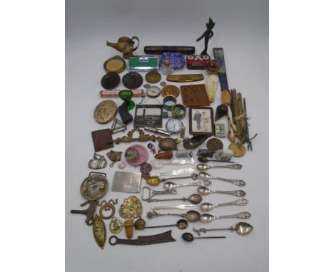 A collection of miscellaneous items including a compass, clock, frames, compact, spoons, napkin rings, oxo tin, marbles, Orie
