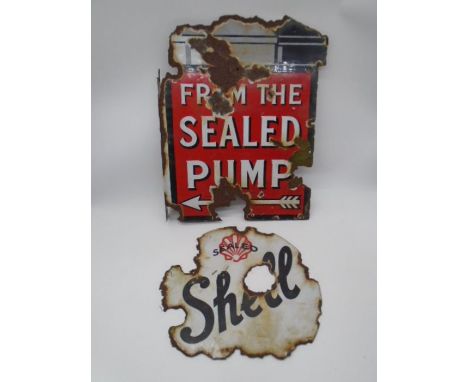 A vintage "Shell From The Sealed Pump" double-sided flanged enamelled sign - A/F