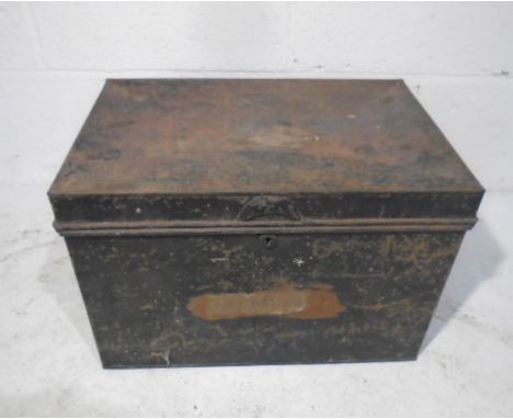 A weathered vintage metal tool box with a selection of large tools.