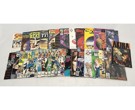 A collection of vintage comics including Marvel, DC, The Avengers, Dragonslayer, Akira etc.
