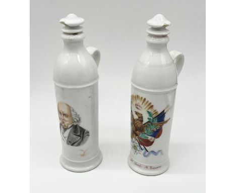 Two early 20th century ceramic French Calvados flasks/flagons with painted decoration to front