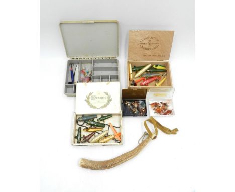 A quantity of vintage painted wooden fishing lures along with some flies and an antler priest.