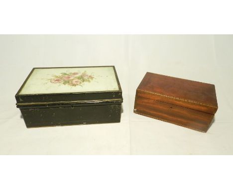 A vintage metal cash tin along with an inlaid wooden box.