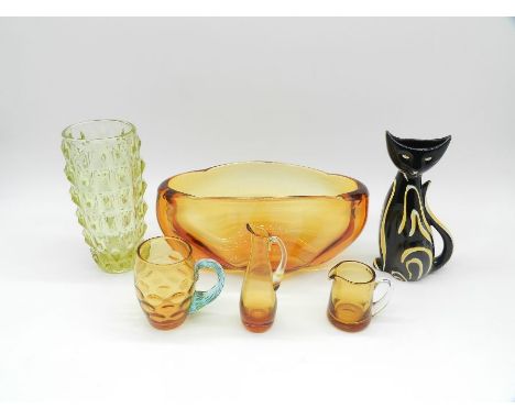 A large Whitefriars amber centrepiece along with a small quantity of amber glass and a Schmider ceramic cat vase