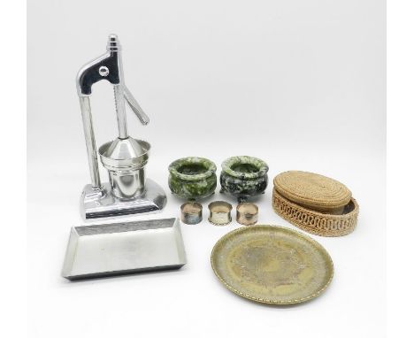 A retro chrome juicer along with a pair of serpentine bowls, Eastern brass dish, silver napkin ring etc